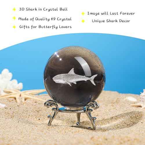 HDCRYSTALGIFTS 3D Shark Crystal Ball 60mm Glass Sea Animal Figurines Decorative Ball Ornaments Shark Gifts for Friends Women Shark Lovers