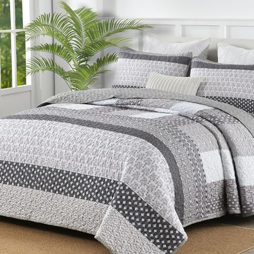 Grey Queen Size Boho Striped Quilt Set - Reversible Bedspread with Pillowcases