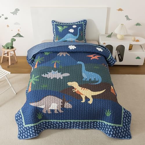Soul & Lane Dino Delight Twin Quilt Set with Sham, Kids Dinosaur Bedding, Reversible, 68x88