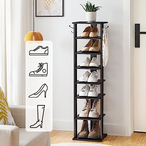 Black 8-Tier Vertical Shoe Rack with Hooks, Space Saving Shoe Organizer
