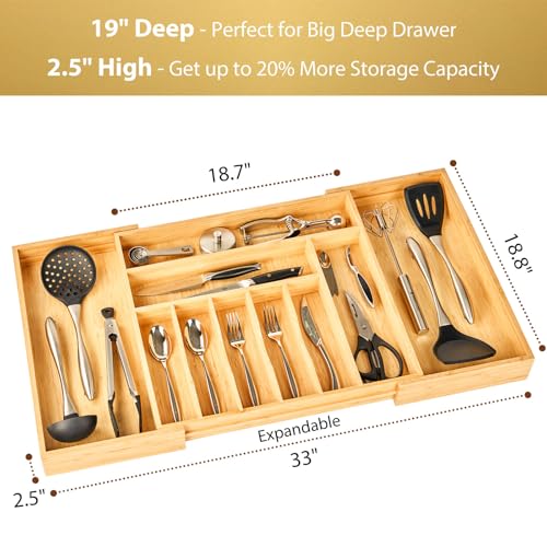 Umilife Expandable Extra Large Kitchen Silverware Drawer Organizer - Adjustable Bamboo, Fits 19-33 Inches