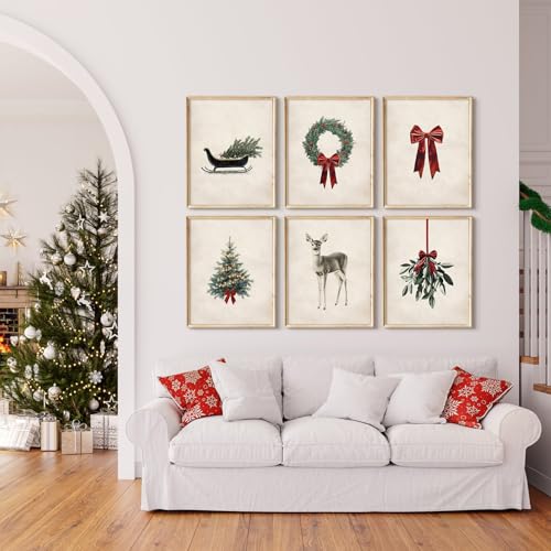 SYYANKK 12x16 Inch Unframed Vintage Christmas Wall Art Set - Rustic Holiday Canvas Prints