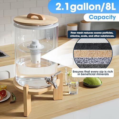 Water Filter Dispenser 2.1 Gallon Glass System with Wooden Stand and Filter for Home Office