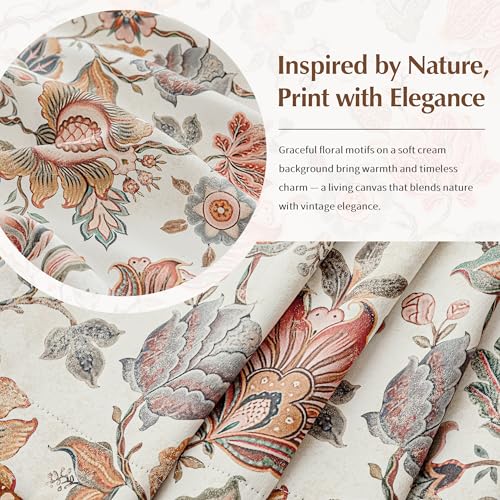 Blackout Floral Curtain Panels - 52W x 84L Inches, Pack of 2, Beige Boho Style