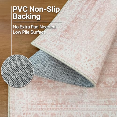 Pink 5x7 Area Rug - Washable Non-Slip Vintage Floral Rug for Living Room - Pink / 5' x 7'