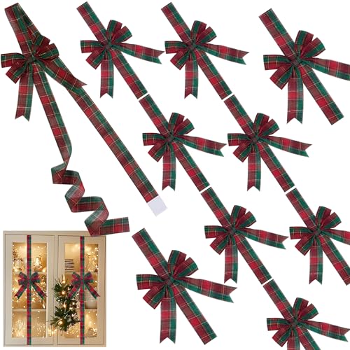 10 Pcs Red Green Plaid Christmas Cabinet Door Ribbon Bows Large Bow