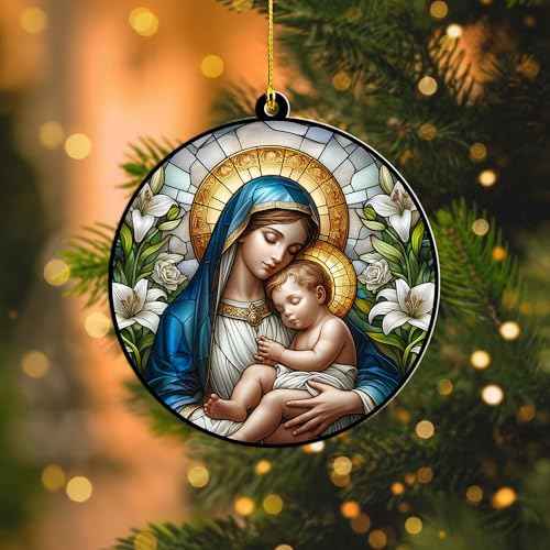 Catholic Christmas Ornament ? Virgin Mary and Baby Jesus Acrylic Hanging Decoration ? Style Nativity Ornament ? Religious Gift for Christian Families, Tree D?cor (Sun-38)