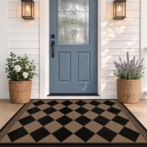 3' x 5' Indoor Outdoor Checkered Jute Style Rug - Black & Brown Non Slip Mat