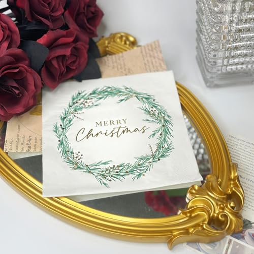 Green & Gold Wreath Christmas Paper Napkins - 6.5 x 6.5 Inches, 25-Count