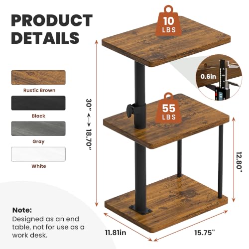 Adjustable Height Swivel End Table - Rustic Brown 3-Tier Side Table