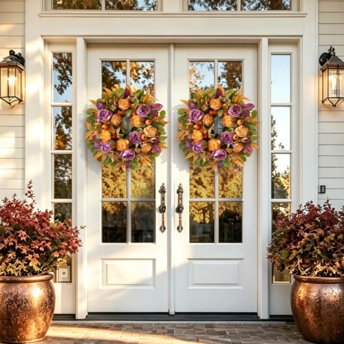 24 Inch Fall Wreath for Front Door with Orange & Purple Peony - Autumn Decor