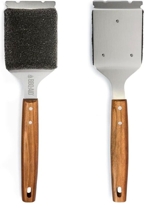 BBQ-AID Bristle Free Grill Brush - Large Wooden Handle & Replaceable Head for Scratch-Free BBQ Cleaning
