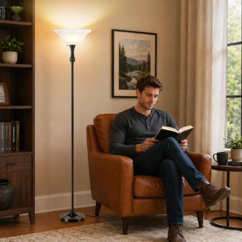 Dimmable LED Floor Lamp with Glass Shade - Modern Torchiere Lighting