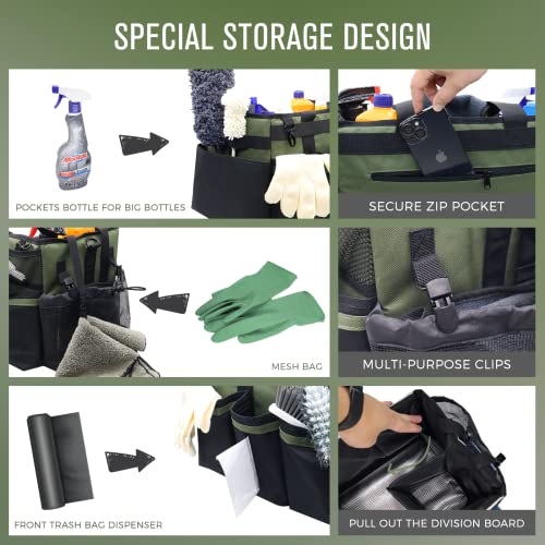 Green Wearable Cleaning Caddy Organizer with Handle & Shoulder Straps for Housekeepers, Home, Car, & Kitchen