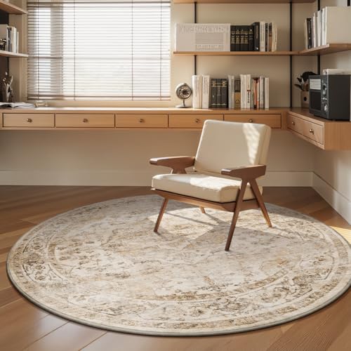 6ft Round Beige Rug for Living Room & Bedroom - Non Slip, Machine Washable