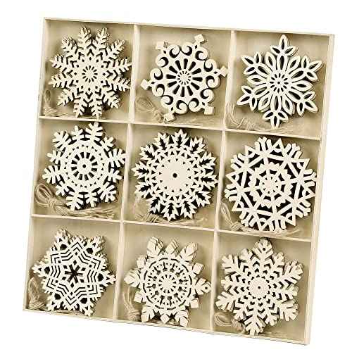 Sggvecsy Unfinished Wooden Snowflakes Ornaments, 36Pcs Christmas Tree Hanging Decoration Wood Cutouts DIY Craft Snowflake Shaped Embellishments Xmas Rustic Crafts with Twine (4 inch)