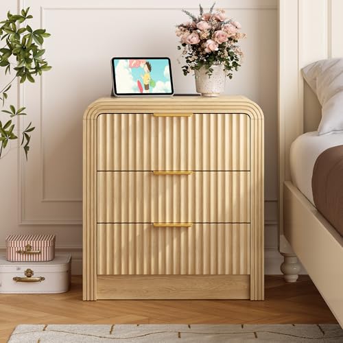 Decofy Fluted Nightstand with 3 Drawers & Charging Station - Natural Oak, Variation 1