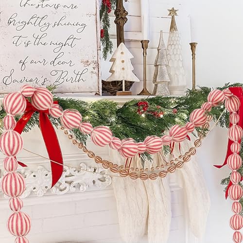 Jenaai 6 ft Retro Red & White Christmas Ball Garland - Rustic Holiday Decor