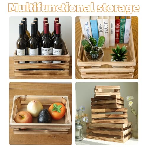 MACVAD Torched Brown Large Rustic Wooden Storage Crates Set of 4, Farmhouse Nesting Boxes