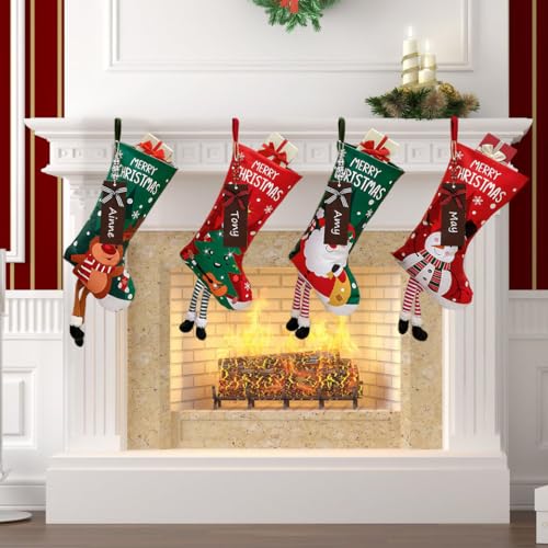 Personalized 18in Christmas Stockings 4-Pack with Wooden Name Tags Deer Santa Snowman