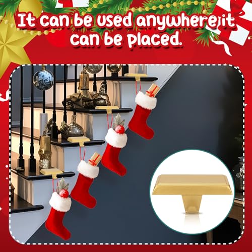 SUNEZLGO 6-Pack Gold Christmas Stocking Holders for Mantle - Weighted Metal Hooks with Pad
