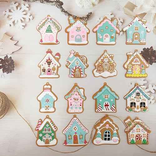 Soft Gingerbread House Ornaments - 16pcs Fake Christmas Cookies, Cute Gingerbread Man Figurines with Cord for Xmas Tree