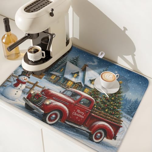 ABSOP Xmas Truck Snowman Dish Drying Mat 18x24 Inch - Microfiber Kitchen Counter Protector