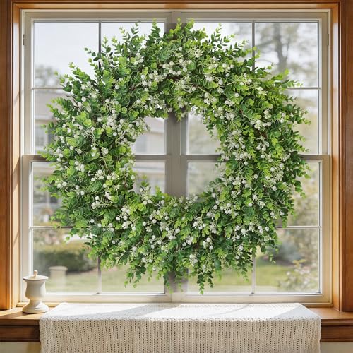 32-Inch Artificial Eucalyptus Wreath with Flowers for Front Door - White-Green, FOTEEWL