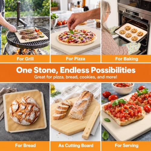 15x12 Inch Pizza Stone Set with Wooden Peel and Accessories for Oven & Grill - Gyreuni