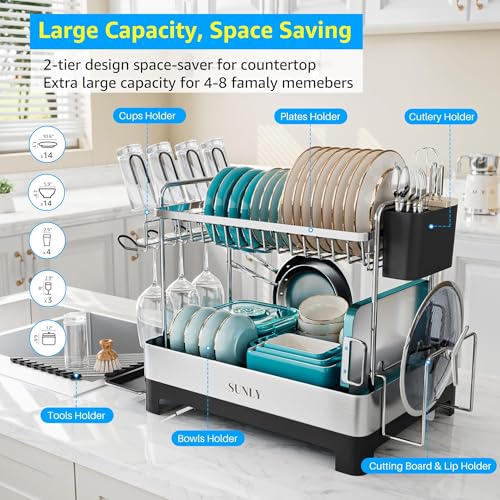 Black 2-Tier Stainless Steel Dish Drying Rack - Large Capacity Kitchen Organizer