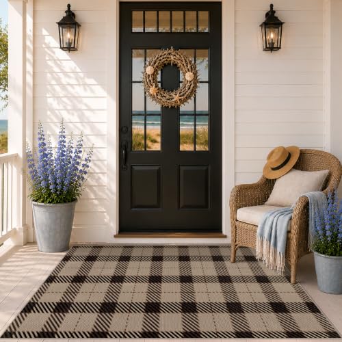 Beige Plaid Outdoor Rug 3x5 for Front Porch, Washable Non Slip Entryway, Farmhouse Style