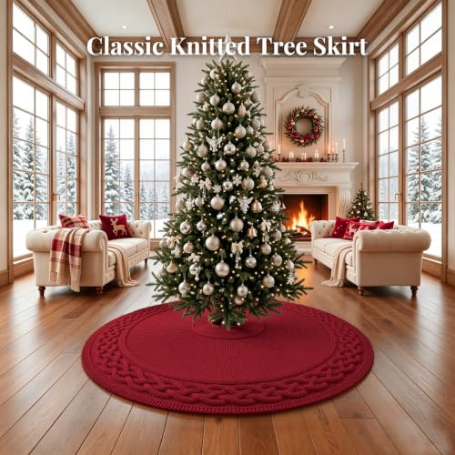 VOXOR Burgundy 60 Inch Knitted Christmas Tree Skirt with Bow Closure - Large Farmhouse Holiday Decor for 9-10 Feet Trees