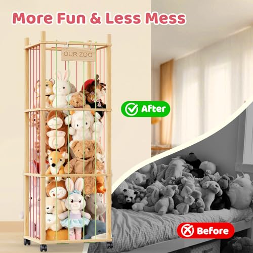 SWRSWR Beige Wooden Stuffed Animal Storage Zoo - Large Capacity Playroom Organizer