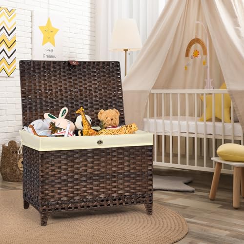 Honjourai 200L Wicker Storage Basket with Lid & Removable Liner - Brown