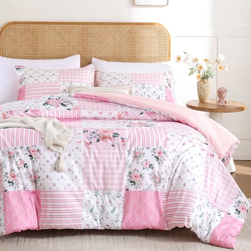 YIKUSH 3-Piece Pink Floral Queen Comforter Set 90x90 All-Season Bedding