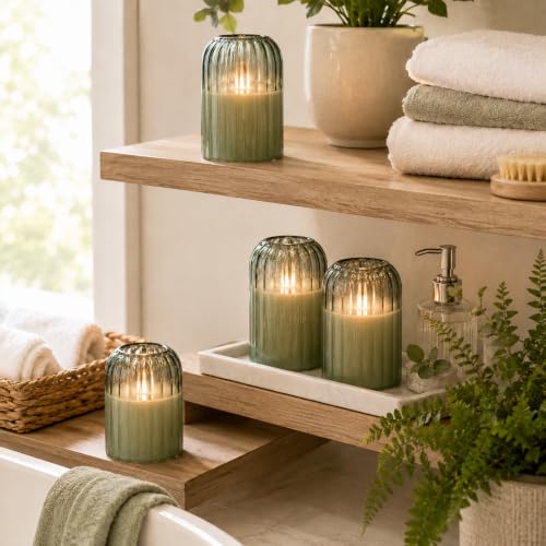 Green Glass Flameless Candles with Remote - Set of 4 LED Pillar Candles with Timer