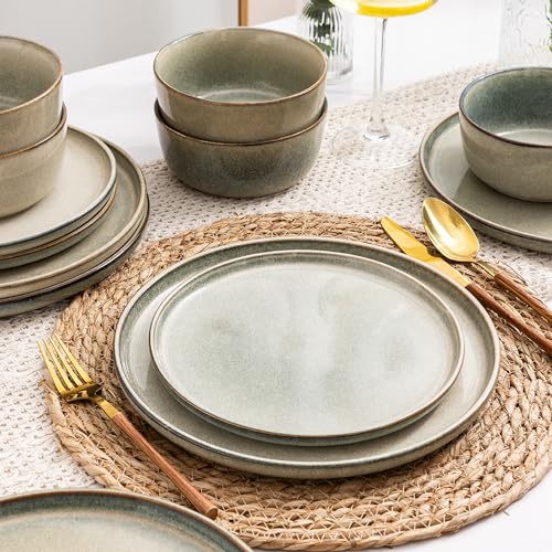Reactive Glaze Stoneware Dinnerware Set for 4 - 12 Pieces, Plates & Bowls
