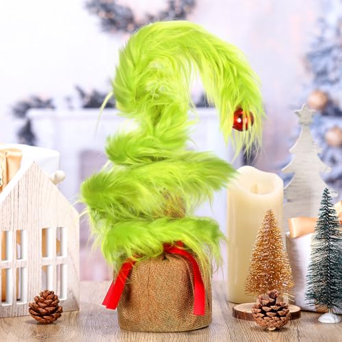 VioraWhite 14-Inch Whimsical Christmas Tree with Elf Hair - Lime Green Holiday Decor