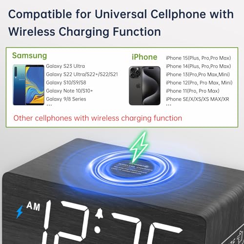 Black Wooden Digital Alarm Clock with Wireless Charging Station - DreamSky