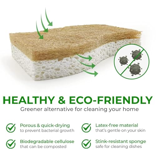 Natural Kitchen Sponges 24 Pack - Plant-Based Cellulose & Coconut Scrubber - Eco-Friendly Non Scratch & Compostable Dish Sponges - Variation of THIS listing 24