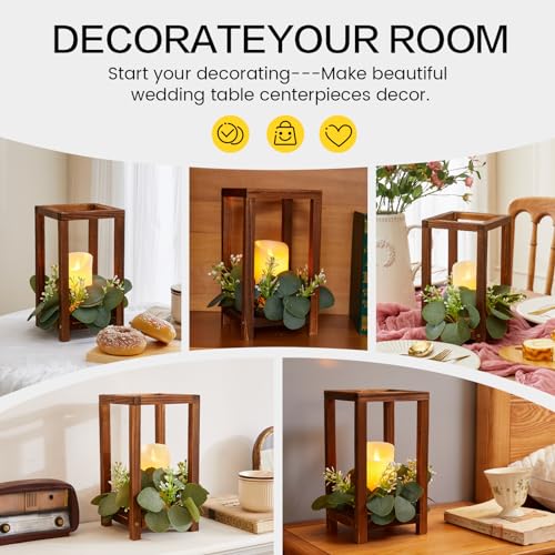 Dark Brown 18-Piece Wooden Wedding Lantern Centerpiece Set with Flameless LED Candles & Eucalyptus Wreaths - Rustic Farmhouse Decor