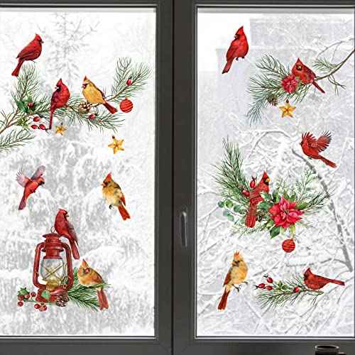 Mfault Winter Cardinal Window Clings 9 Sheets, Christmas Red Birds Glass Stickers Decal Poinsettia Pine Cone Bedroom Decorations, Xmas Kerosene Lamp Tree Branches Home Kitchen Living Room Decor