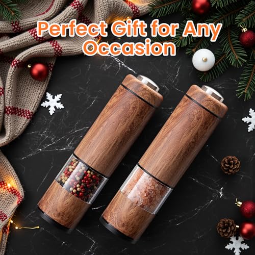 Rechargeable Electric Salt and Pepper Grinder Set with Adjustable Coarseness - Wood Grain