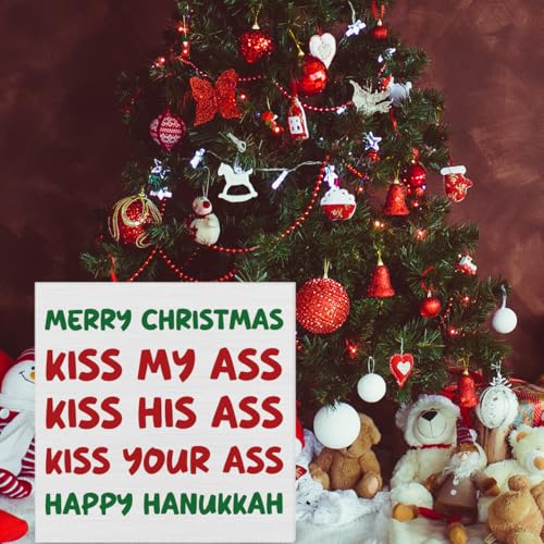 KISS Funny Christmas Decor 5x5 Wooden Sign - Rustic Desk Plaque by Wrpdrim