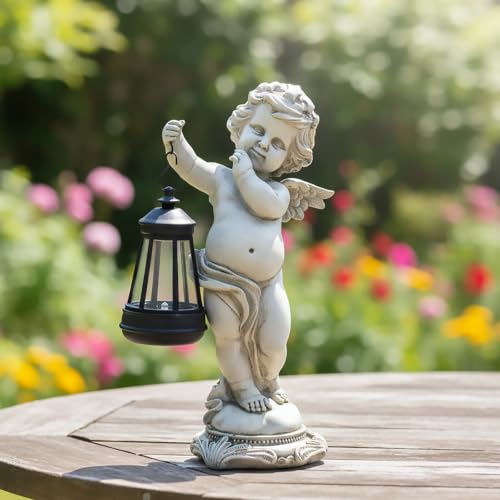 Solar Angel Garden Statue with Lantern Outdoor Decor, 11.22 inch Waterproof Resin