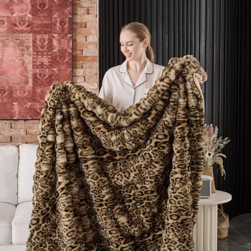Faux Rabbit Fur Throw Blanket - Leopard Brown, 50x60 Inches, Super Thick & Cozy
