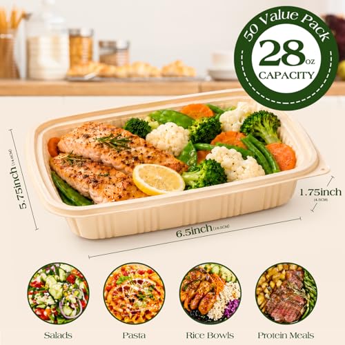 28 oz Meal Prep Containers with Lids - 50 Pack Plant-Based Food Storage Bins