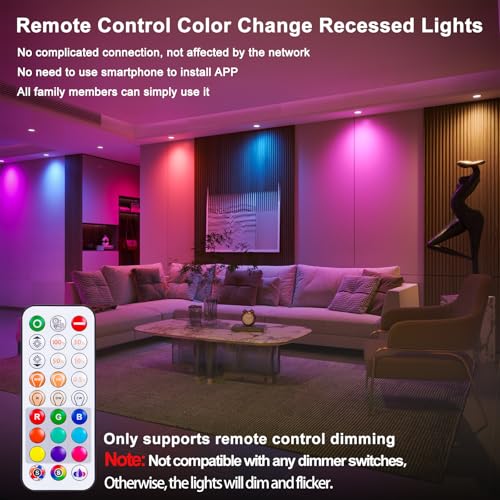 Taptoron White 6-Pack RGB Color Changing LED Recessed Can Lights 13W Dimmable Ceiling Downlights