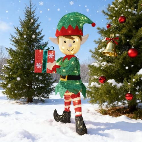 Lighted Christmas Elf Yard Decor - 38-Inch Outdoor Holiday Garden Statue