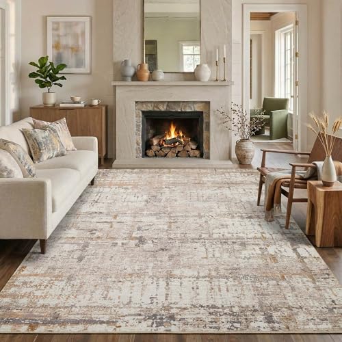Washable 6x9 Beige Abstract Area Rug - Non-Slip Modern Living Room Decor